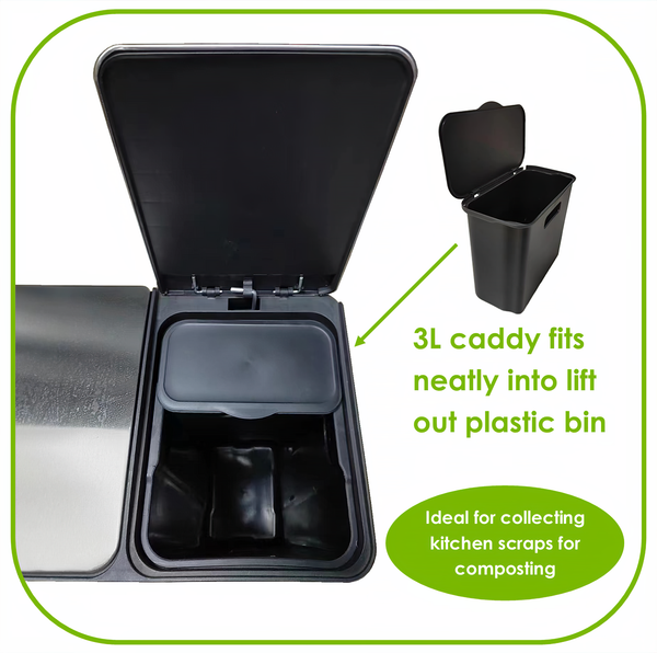 Black 2 Compartment Pedal Bin With Caddy – 2 x 30L plus 3L Caddy