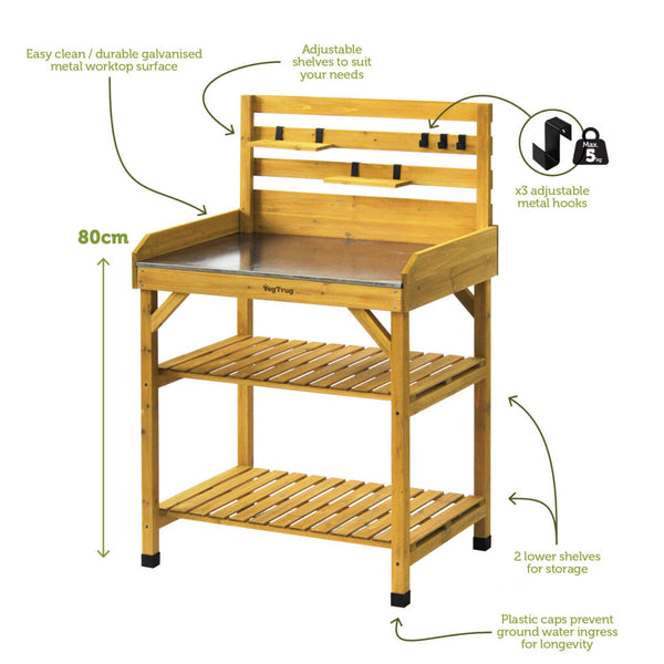 VegTrug Wooden Raised Potting Bench with Hooks - Natural