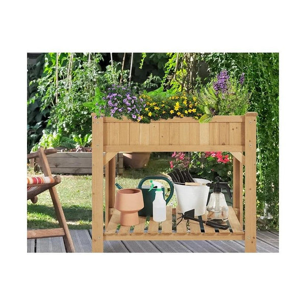 VegTrug Slim Timber Raised Herb Planter 4 Pockets with Shelf - Natural